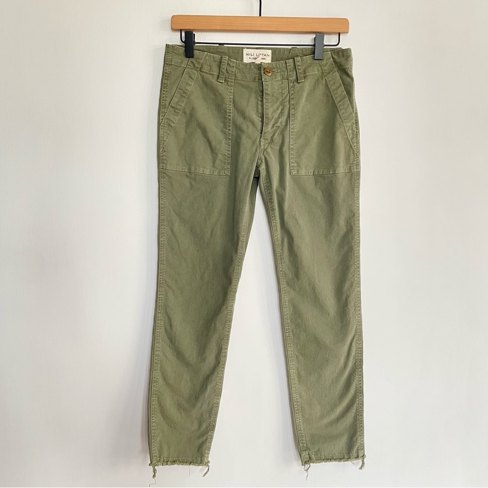 Nili Lotan Green Military Style Pants Skinny Leg 2609988 Raw Hem Pockets Size 0
